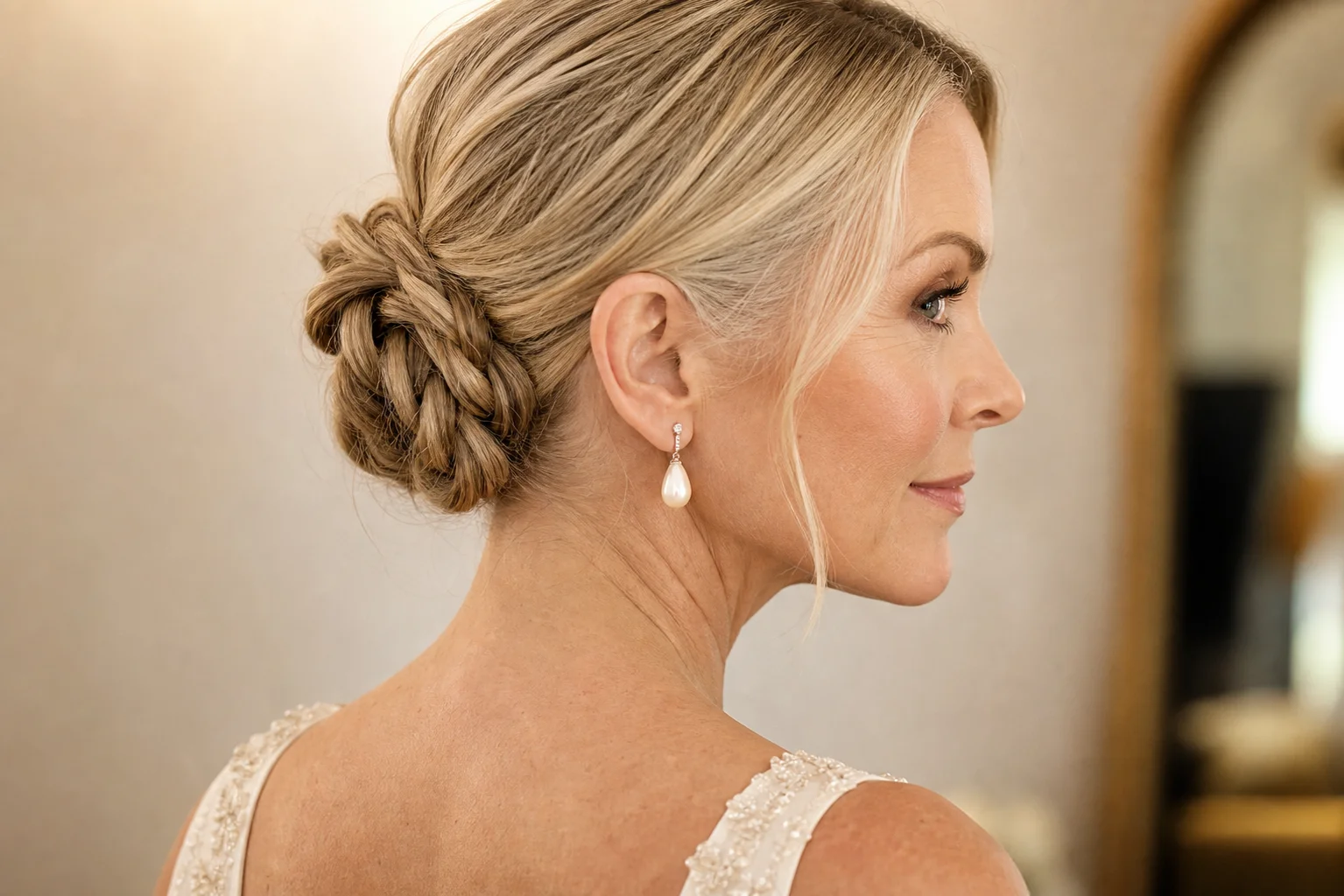 Bride with a delicate small braided bun styled expertly for fine, thin hair with texture spray application