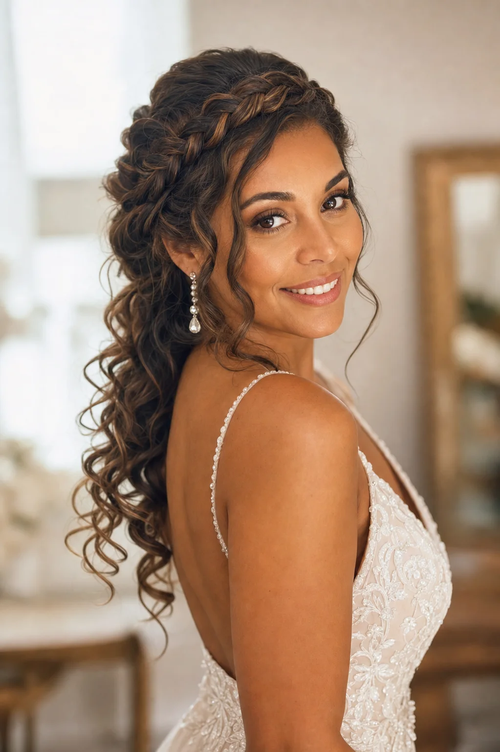 Bride with a braided crown and loose cascading curls, romantic layered bridal updo