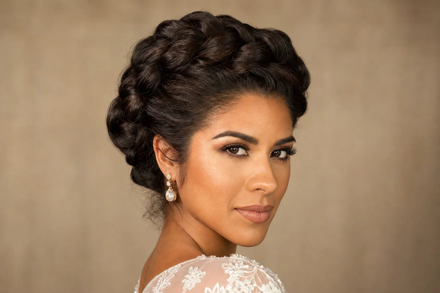 Bride with a bold dimensional braided updo showcasing thick, voluminous hair texture and structure