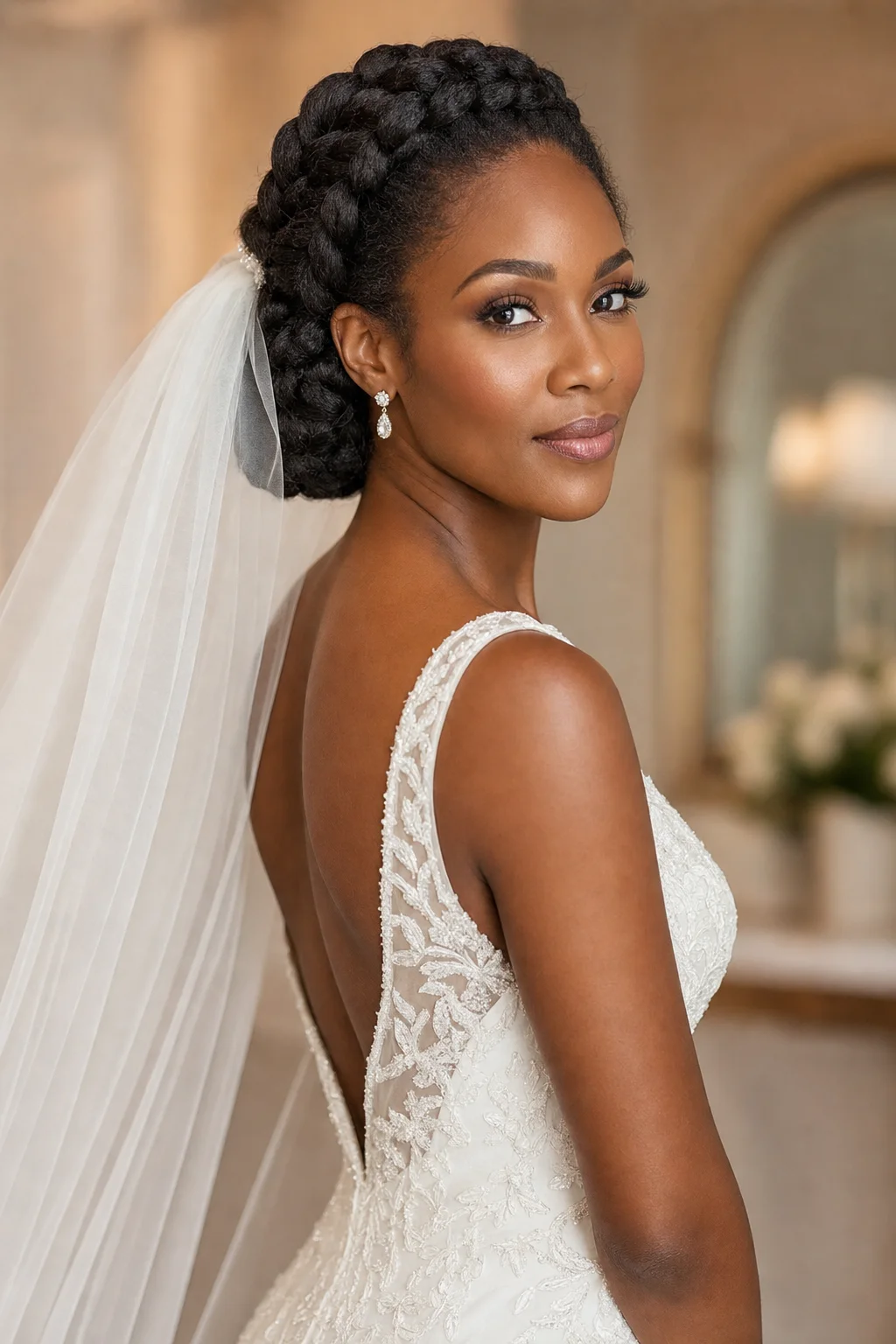 Bride with a braided updo and wedding veil attached securely at the crown, classic formal bridal look