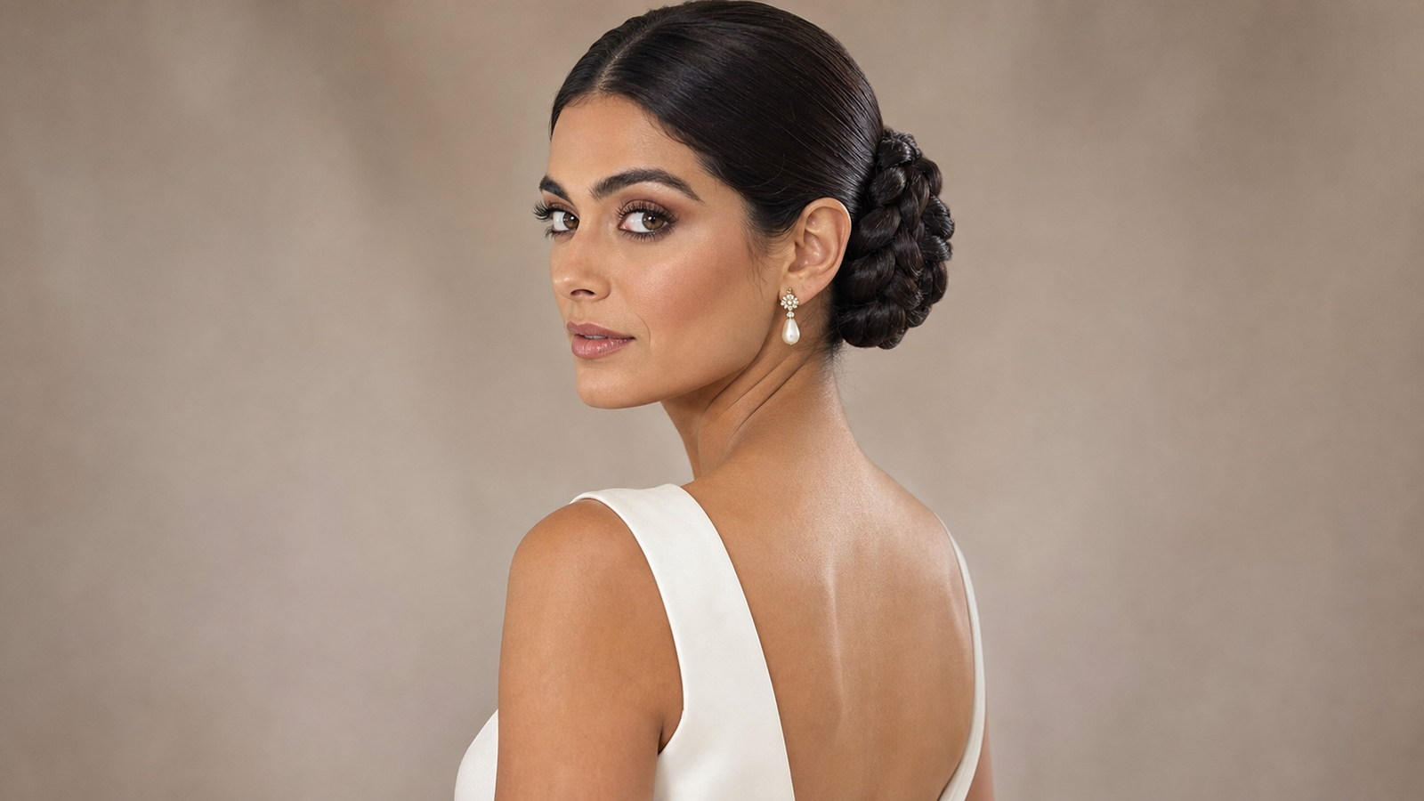 Bride wearing a bridal braided updo styled as a braided chignon, formal wedding hairstyle