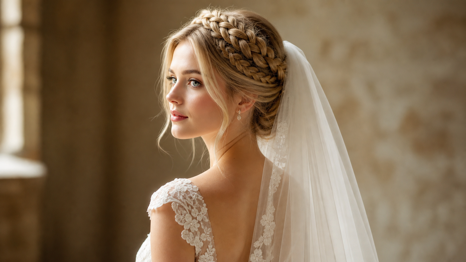 Bride wearing an elegant braided crown halo braid updo with wedding veil, classic bridal hairstyle