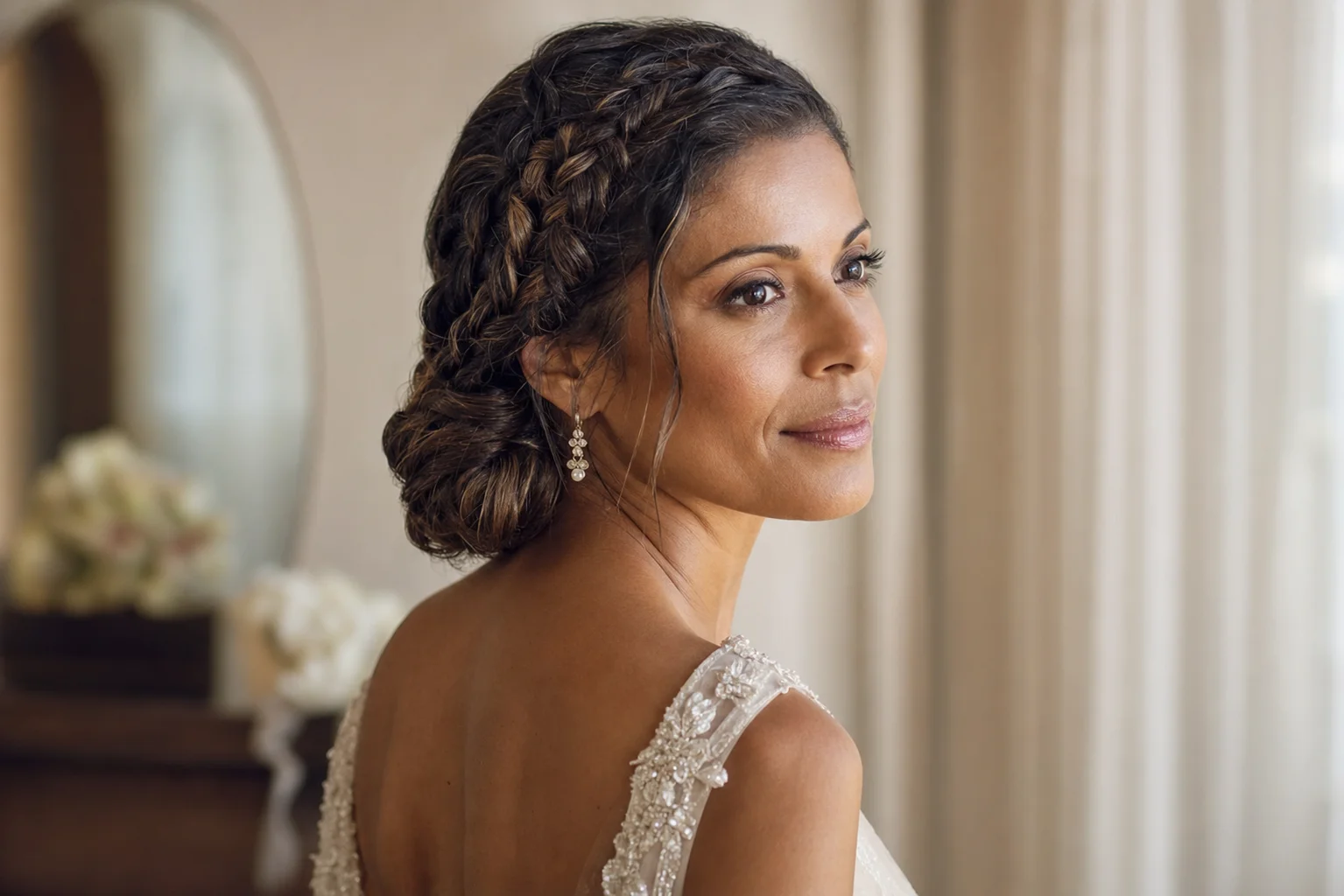 Bride with an elegant braided low bun, secure and durable bridal updo hairstyle