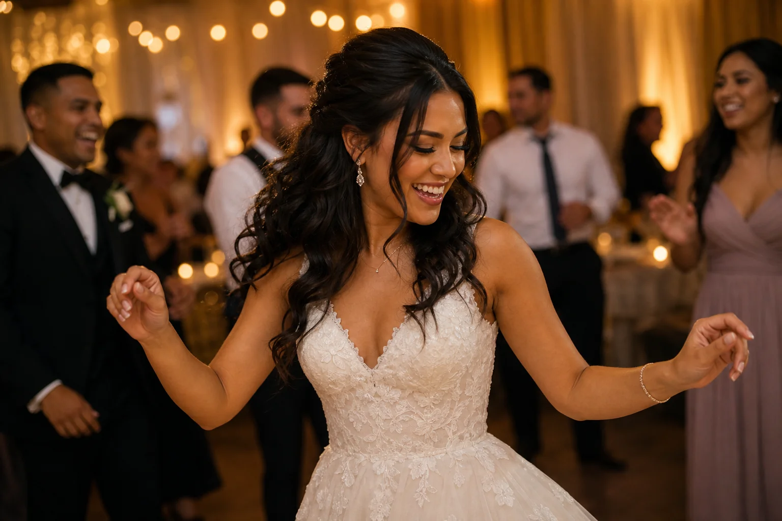 Bride dancing at reception with hairstyle intact — durable bridal hairstyle
