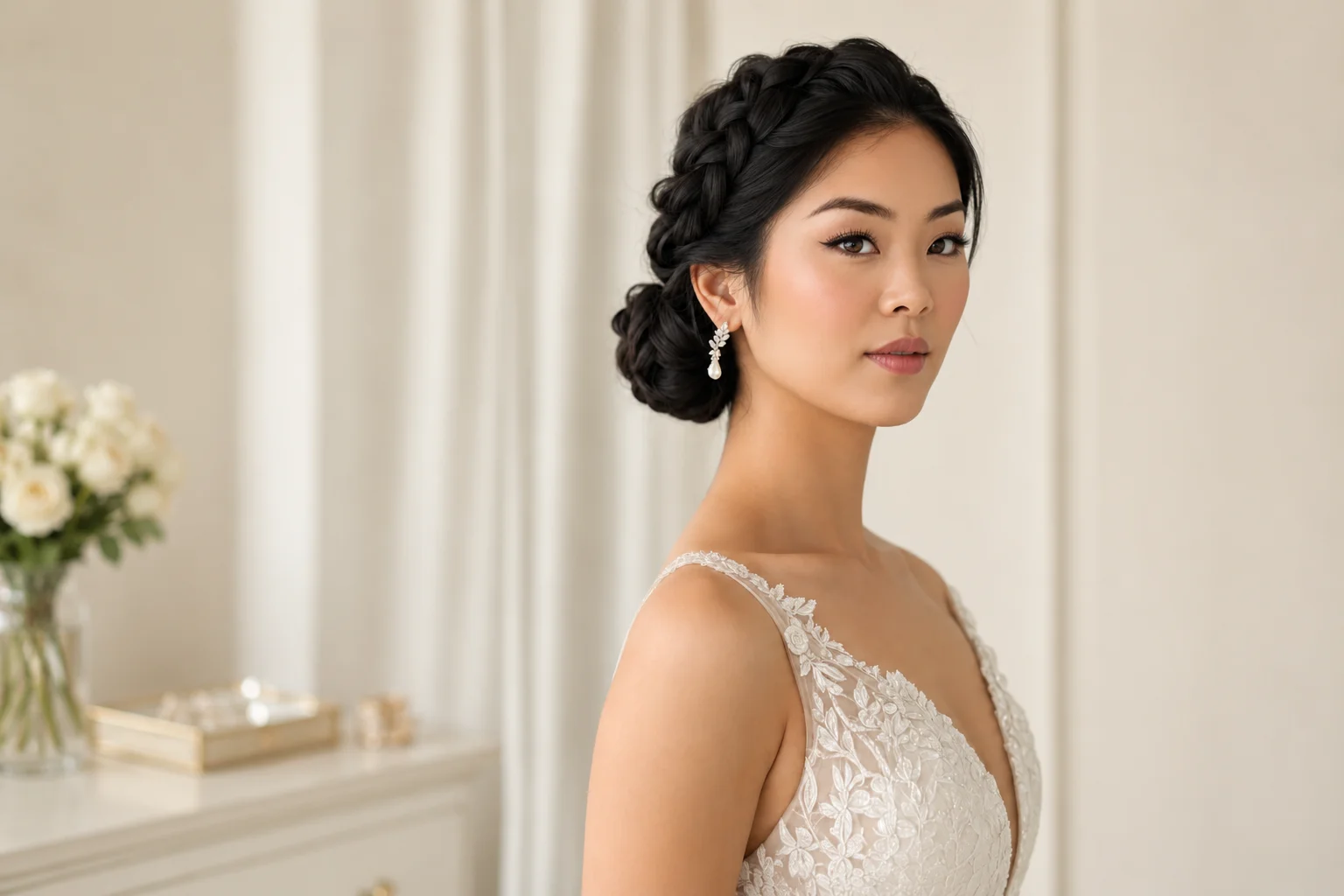 Bride wearing a Dutch braid updo with dimensional raised braiding pinned into a low bun