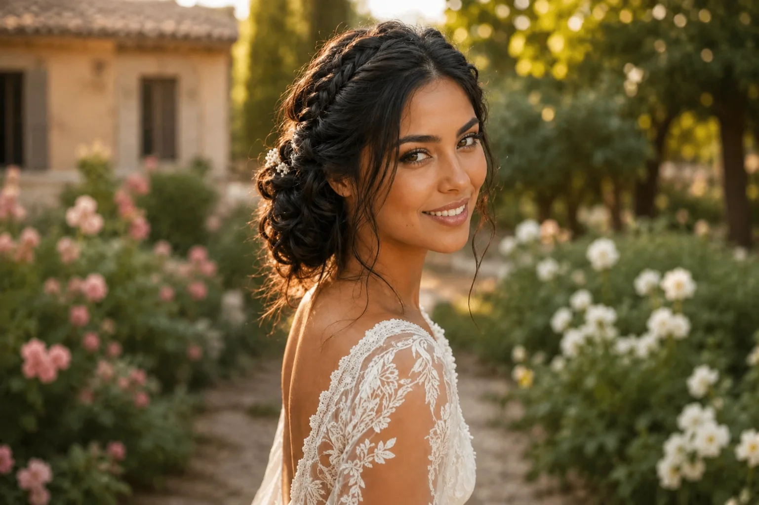 Bride with a romantic textured fishtail braid updo and loose face-framing pieces in outdoor garden setting