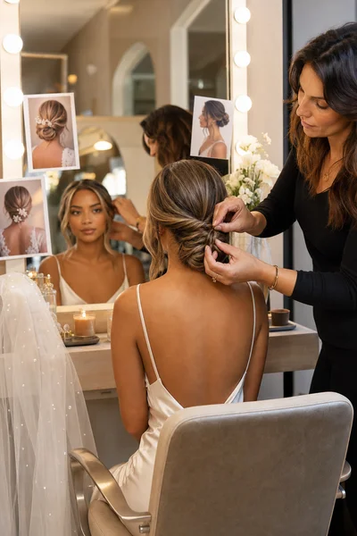 How to Choose Your Wedding Hairstyle Step by Step 8 Bride at a wedding hair trial with a stylist testing a low updo style with reference photos visible