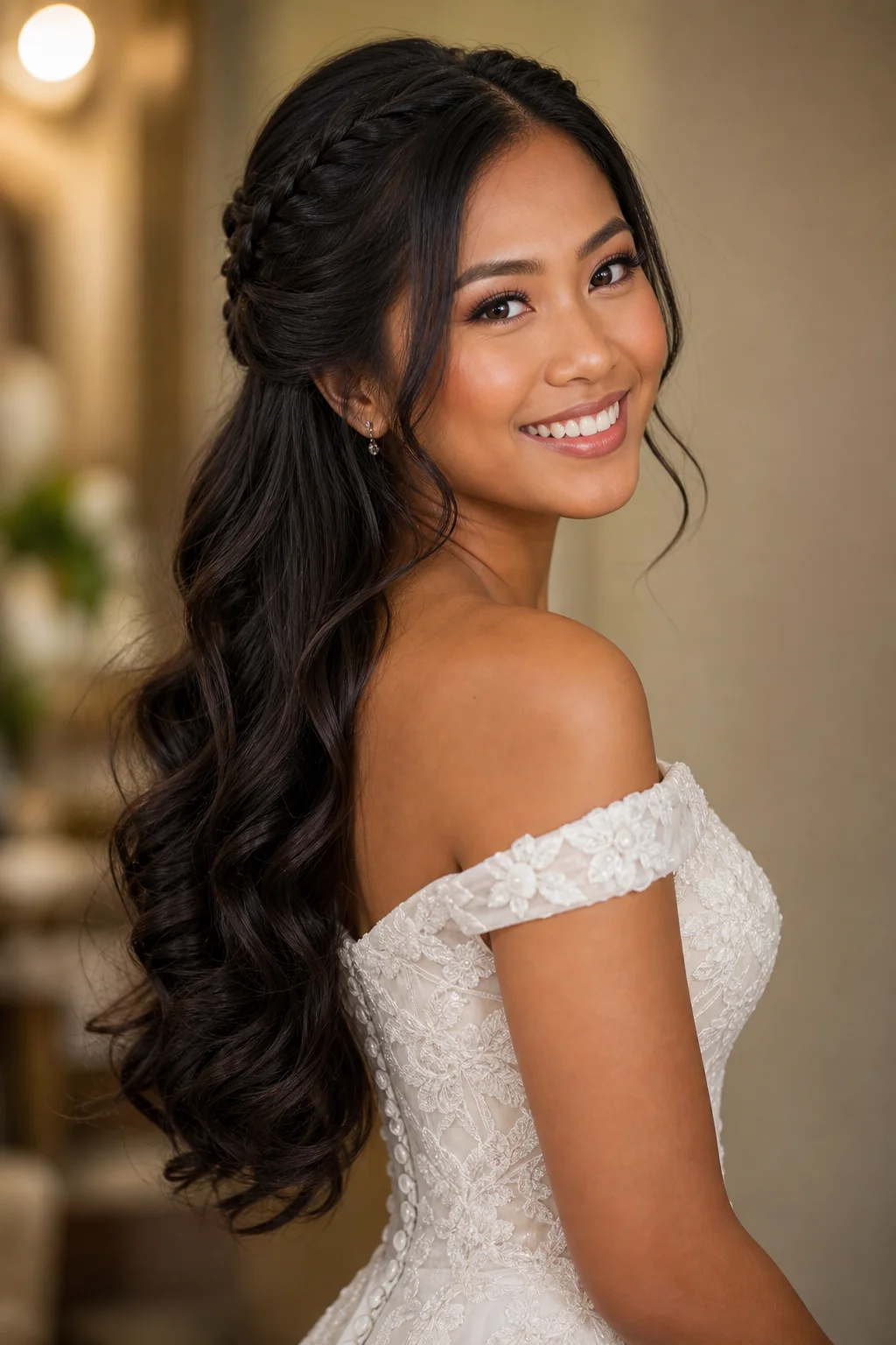 Bride with a half-up braided crown updo with long cascading curls, versatile bridal hairstyle