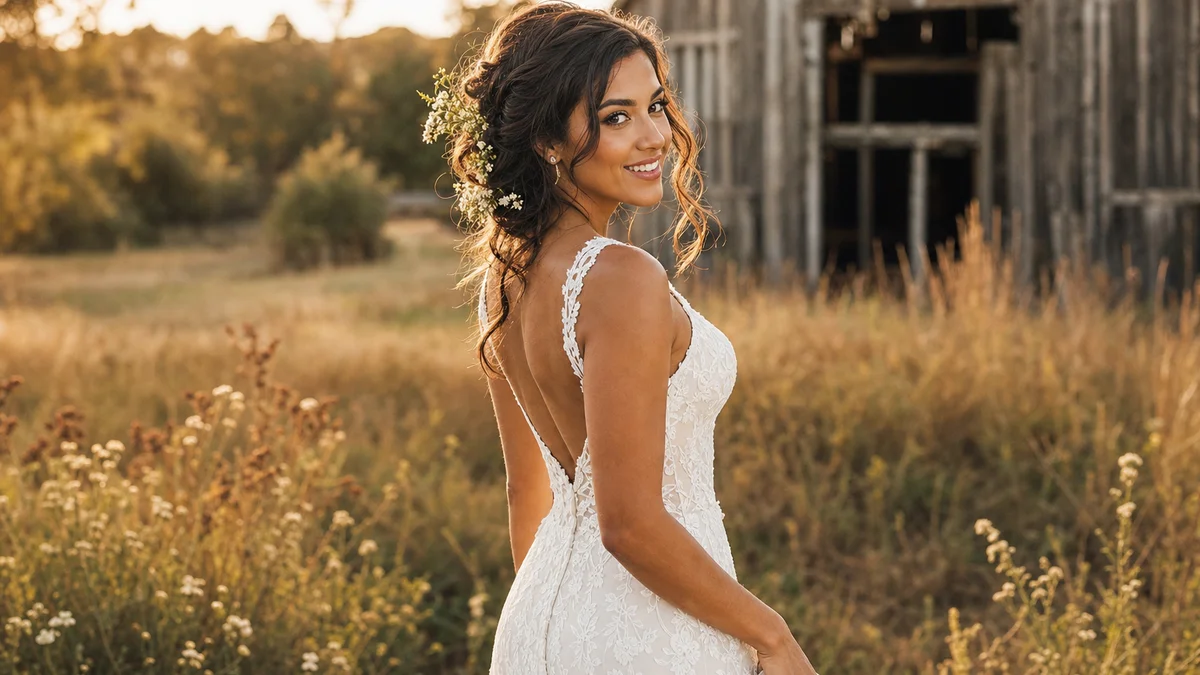 16 Rustic Wedding Hairstyles for Every Hair Length 2 Bride with textured updo adorned with baby's breath and wildflowers, standing outdoors in golden-hour light with a rustic barn backdrop
