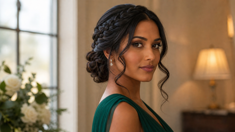 Bridesmaid wearing a braided low bun updo with soft face-framing pieces, formal wedding hairstyle