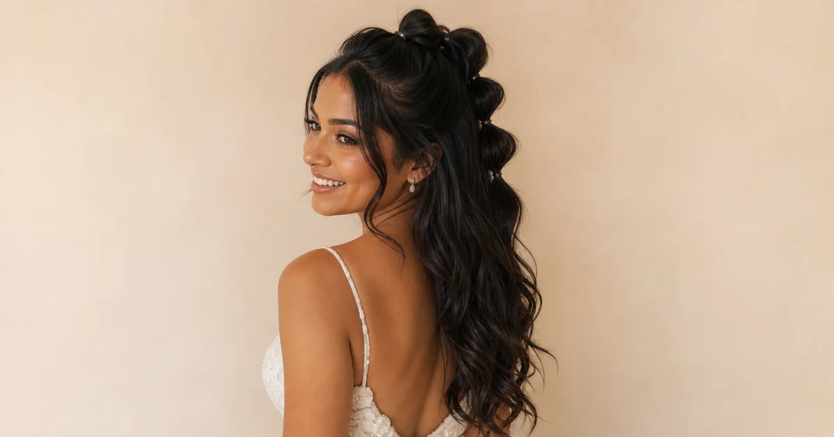 Bubble braid half-up with textured sections — playful boho wedding hairstyle