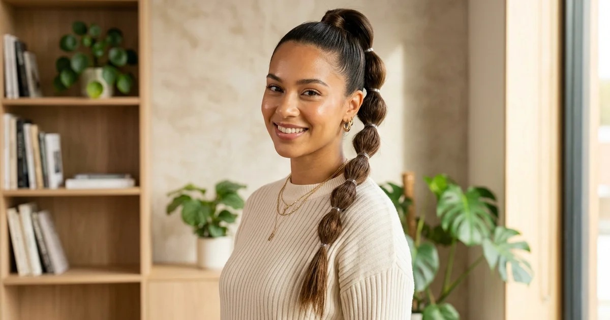 12 Braided Ponytail Ideas for Workouts and Everyday Wear 14 Bubble braid ponytail with segmented elastics on fine hair showing rounded sections for playful office styling