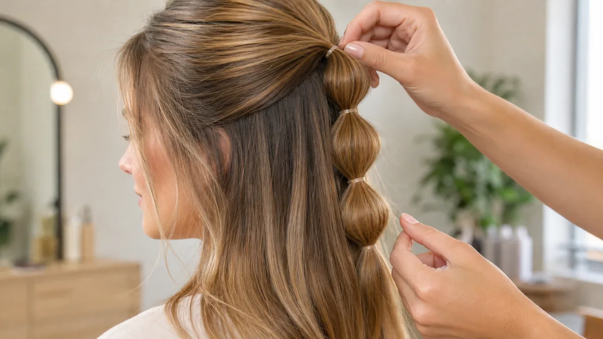 12 Half Up Half Down Hairstyles for Every Hair Type 3 Hands demonstrating bubble ponytail technique on long straight hair, how to create half-up bubble ponytail