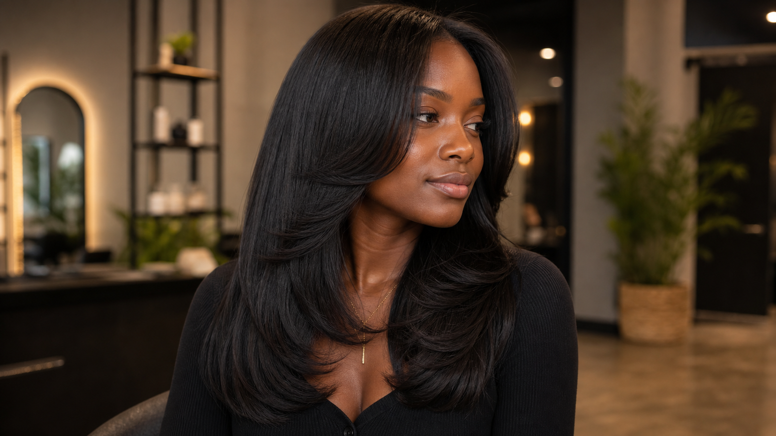 Butterfly cut layered haircut with short voluminous top and long blended ends.