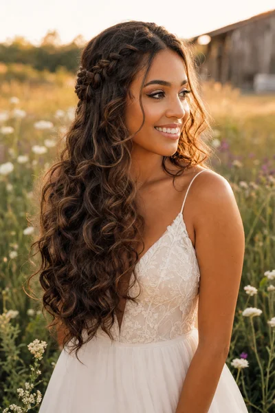 16 Rustic Wedding Hairstyles for Every Hair Length 15 Woman with cascading loose curls and small half-up braids, golden-hour wildflower field