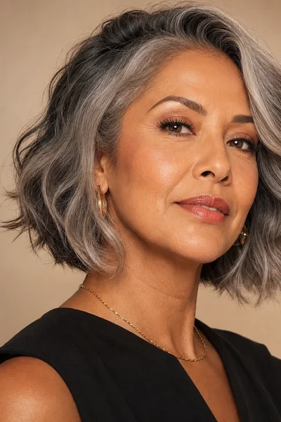 Charcoal-to-silver ombre bob for women over 50 — soft ombre transition mimics natural gray growth