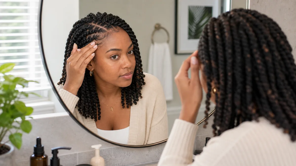 15 Protective Hairstyles for Natural Hair That Promote Growth 22 Woman checking her hairline and edges while wearing a protective hairstyle