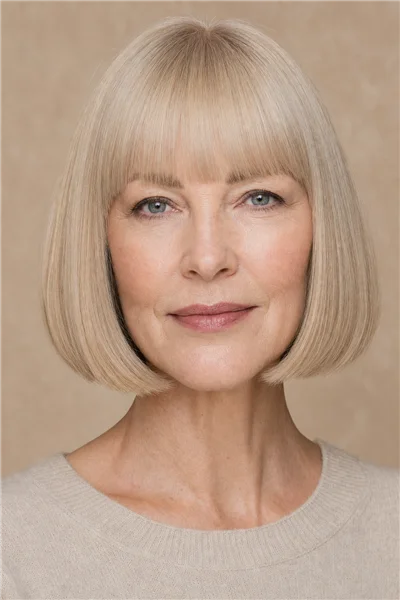 12 Flattering Short Haircuts With Bangs for Women Over 50 6 Woman over 50 with chin-length bob and blunt bangs, fine hair