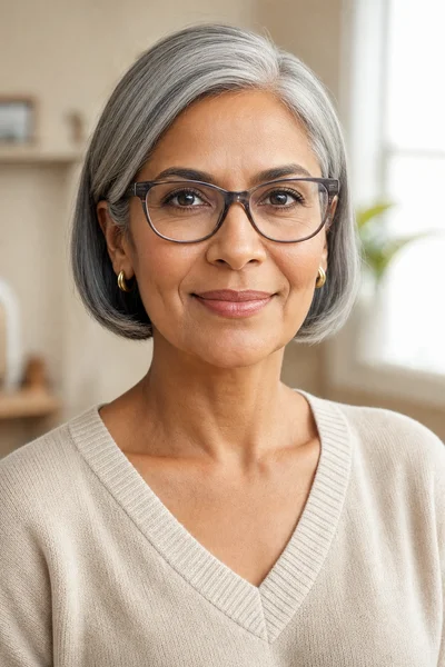 chin-length gray bob haircut for glasses wearers — length tucks behind ears and stays clear of frames