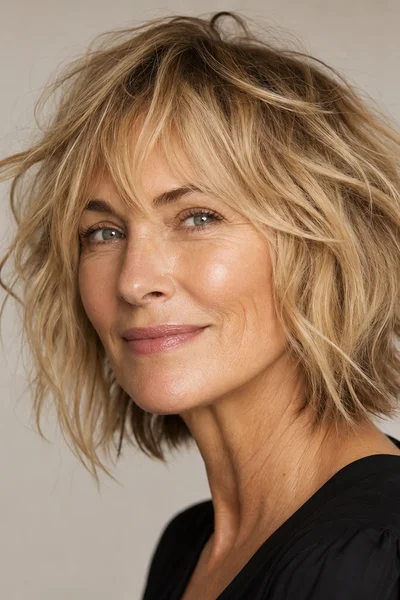 Choppy bob with face-framing layers for fine hair over 50 — shorter layers around face add fullness