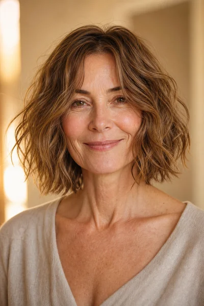 Woman over 50 with naturally wavy hair in a choppy bob with razor-cut uneven ends shown air-dried