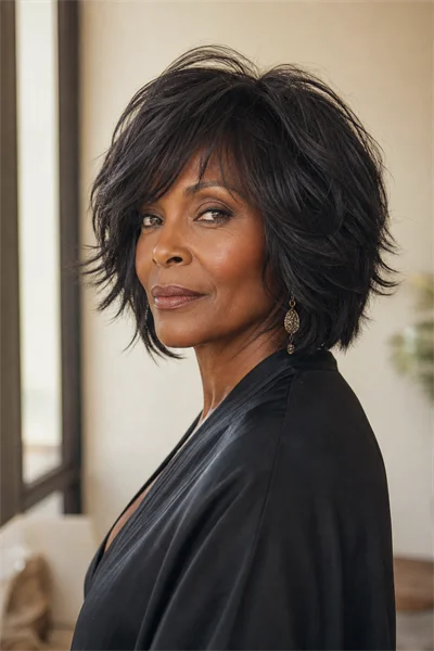 25 Flattering Short Layered Haircuts for Women Over 50 13 choppy layered lob for thick hair on Black mature woman over 50