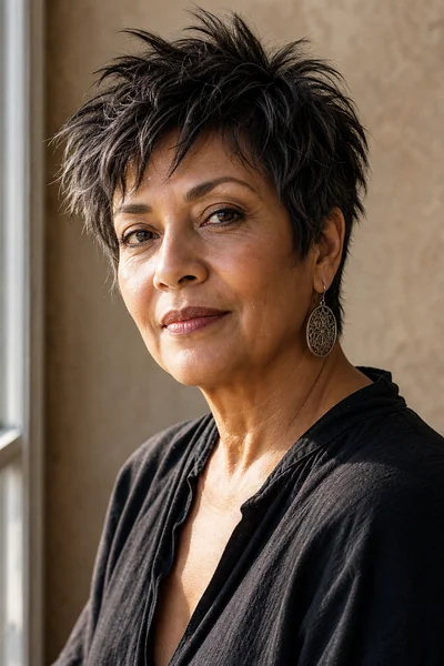 Choppy pixie with disconnected point-cut ends on thick hair for mature women