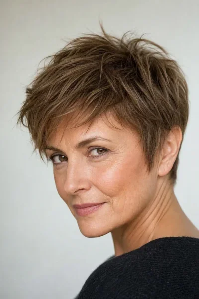 Choppy pixie haircut with uneven lengths for texture and visual fullness on thin hair