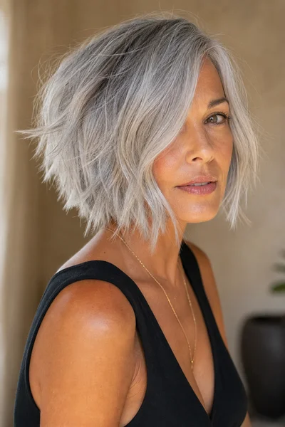 choppy silver bob haircut for women over 50 — deep visible texture cut into ends for edgy style