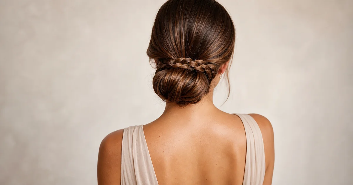 Classic chignon with braid wrap bridesmaid updo for a backless dress.