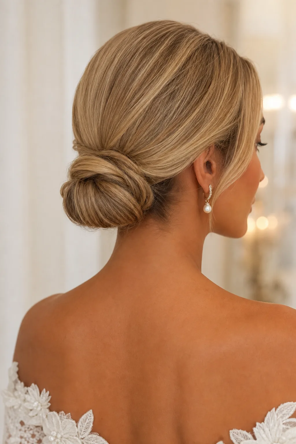 Classic chignon bun wedding hairstyle for short hair, low nape placement, smooth texture