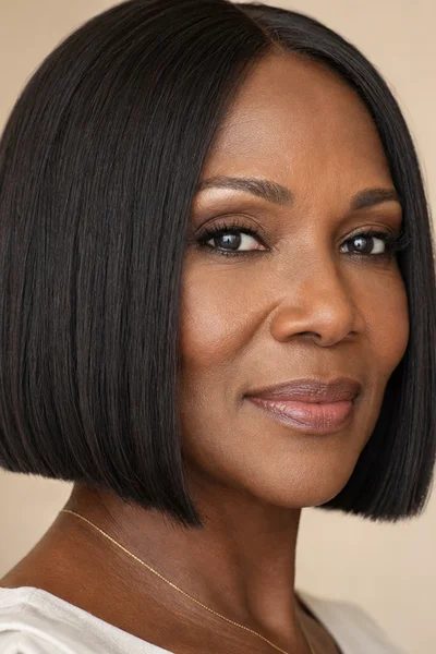 Classic chin-length bob haircut for women over 50 — blunt, evenly cut bob with natural styling