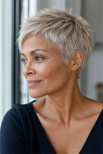 classic choppy pixie for straight fine hair over 50 — razored texture air-dry friendly style