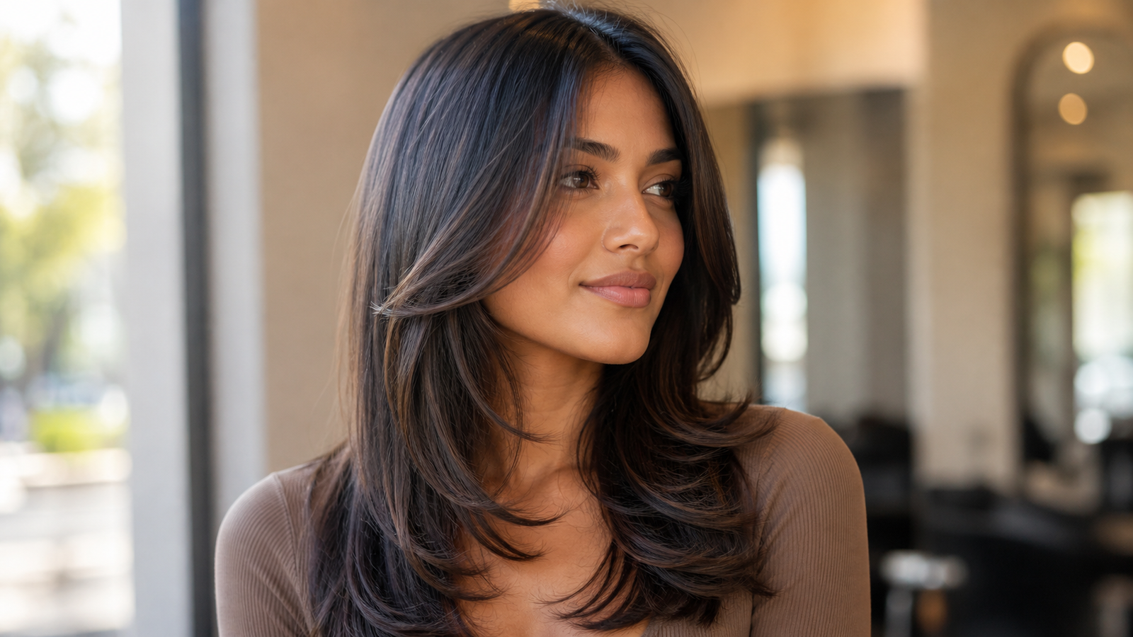 Classic face-framing layers on long hair for round and oval face shapes.
