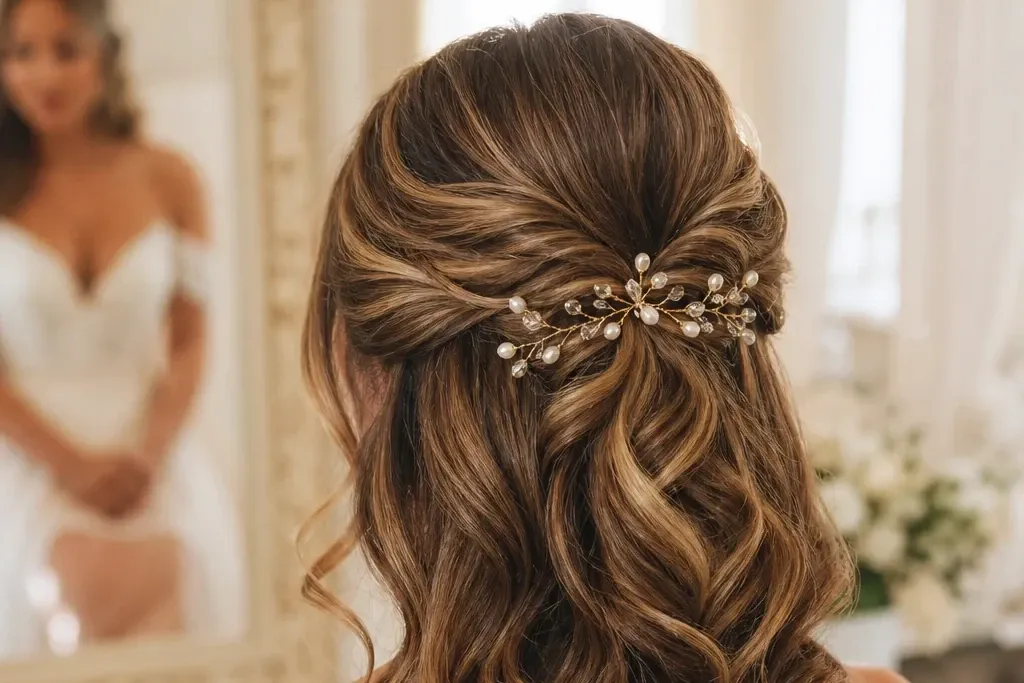 Classic half-up half-down bridal hairstyle with soft barrel curls
