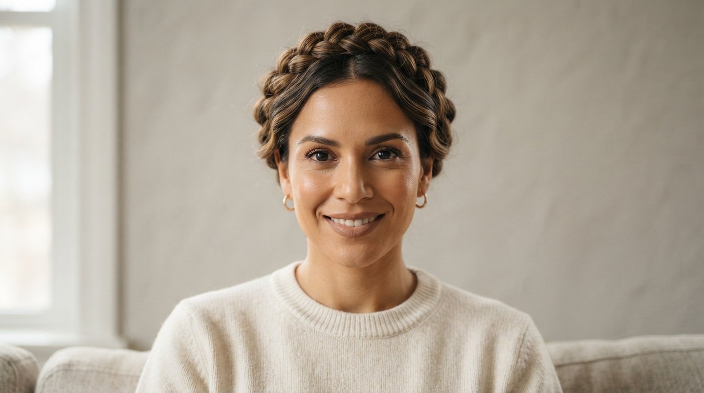 Classic halo braid wrapped crown style on shoulder-length wavy brown hair