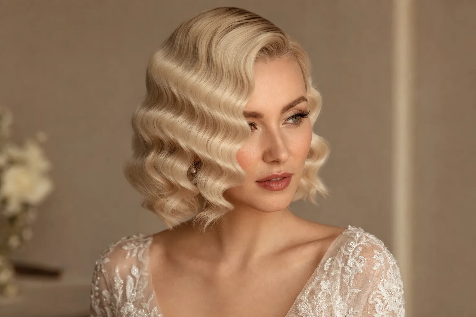 Classic Hollywood waves wedding hairstyle for short hair, 1940s S-wave pattern, glamour styling