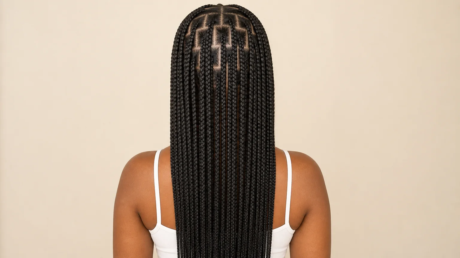 20 Knotless Braids Styles Taking Over 2026 8 Back view of classic knotless box braids showing a clean, symmetrical parting pattern from the scalp.