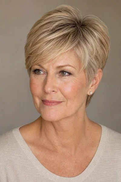 Classic pixie haircut with soft side-swept bangs on mature woman — professional studio portrait