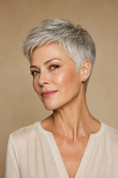 12 Short Gray Pixie Cuts for Women Over 50 3 Classic silver pixie cut styled on woman over 50 with oval face