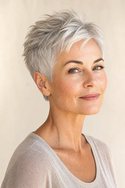 Short Gray Haircuts for Women Over 50: The Complete Guide 3 Classic silver pixie cut for women over 50 with oval face — short, flattering hairstyle