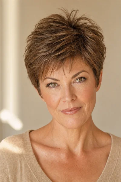 Woman over 50 with a classic textured pixie cut showing choppy layers and crown lift from the front