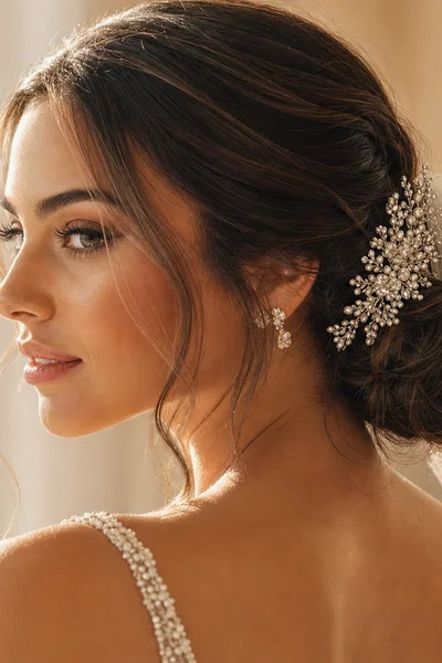 classic bridal updo with low bun styled with a crystal hair comb and cathedral veil