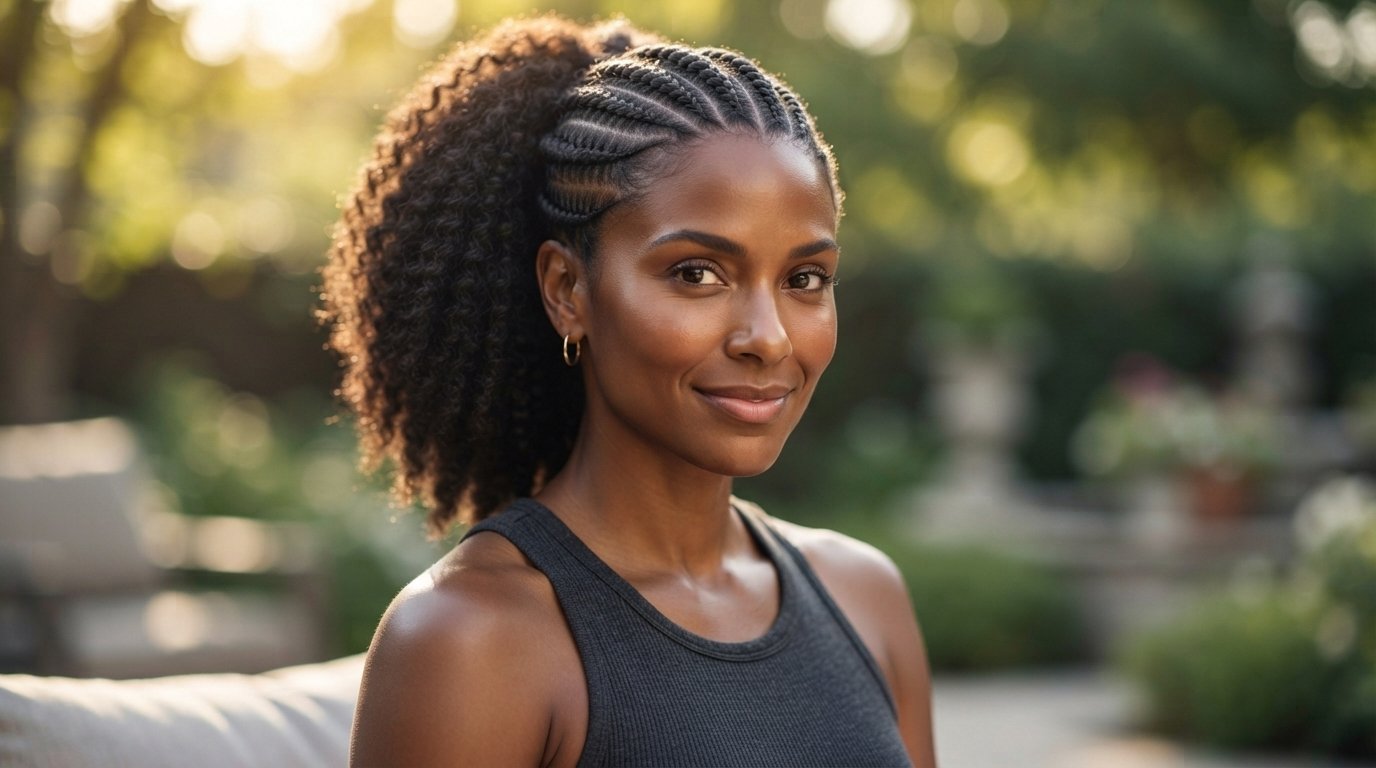 12 Braided Ponytail Ideas for Workouts and Everyday Wear 8 Protective cornrow-to-ponytail hairstyle on coily hair showing secure straight-back rows gathered into high ponytail