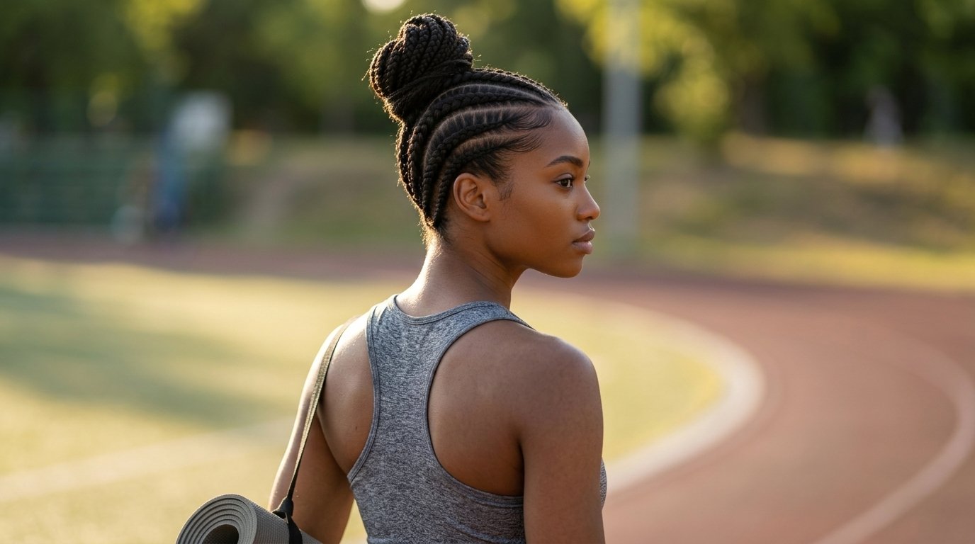 22 Cornrow Hairstyles That Are Protective and Stylish 3 Cornrow hairstyle styled into a high bun for exercise and active wear.