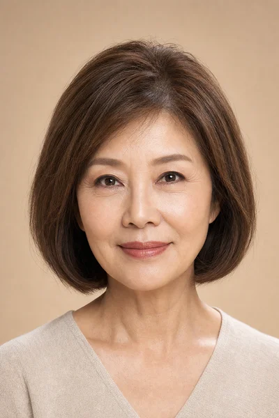 Woman over 50 with thinning hair in a cropped bob showing crown volume and root-lifting layers from the front