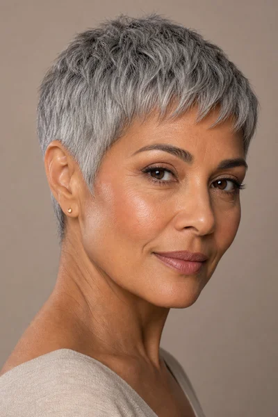 12 Short Gray Pixie Cuts for Women Over 50 12 Cropped gray pixie with textured blunt layers designed for fine, thin hair