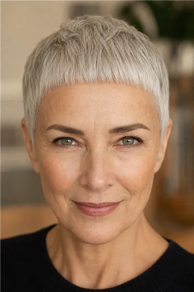 12 Flattering Short Haircuts With Bangs for Women Over 50 12 Cropped pixie with micro bangs above the eyebrows, silver blonde hair