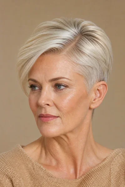 Cropped pixie haircut with deep side part — polished mature woman styling