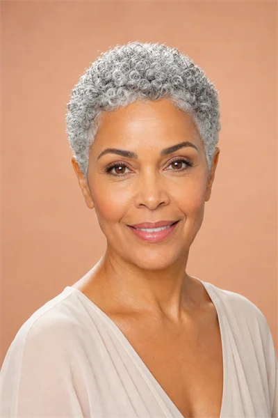 25 Short Curly Haircuts for Women Over 50 That Look Effortlessly Chic 4 cropped curly pixie haircut on silver gray hair for women over 50 — close-up texture detail